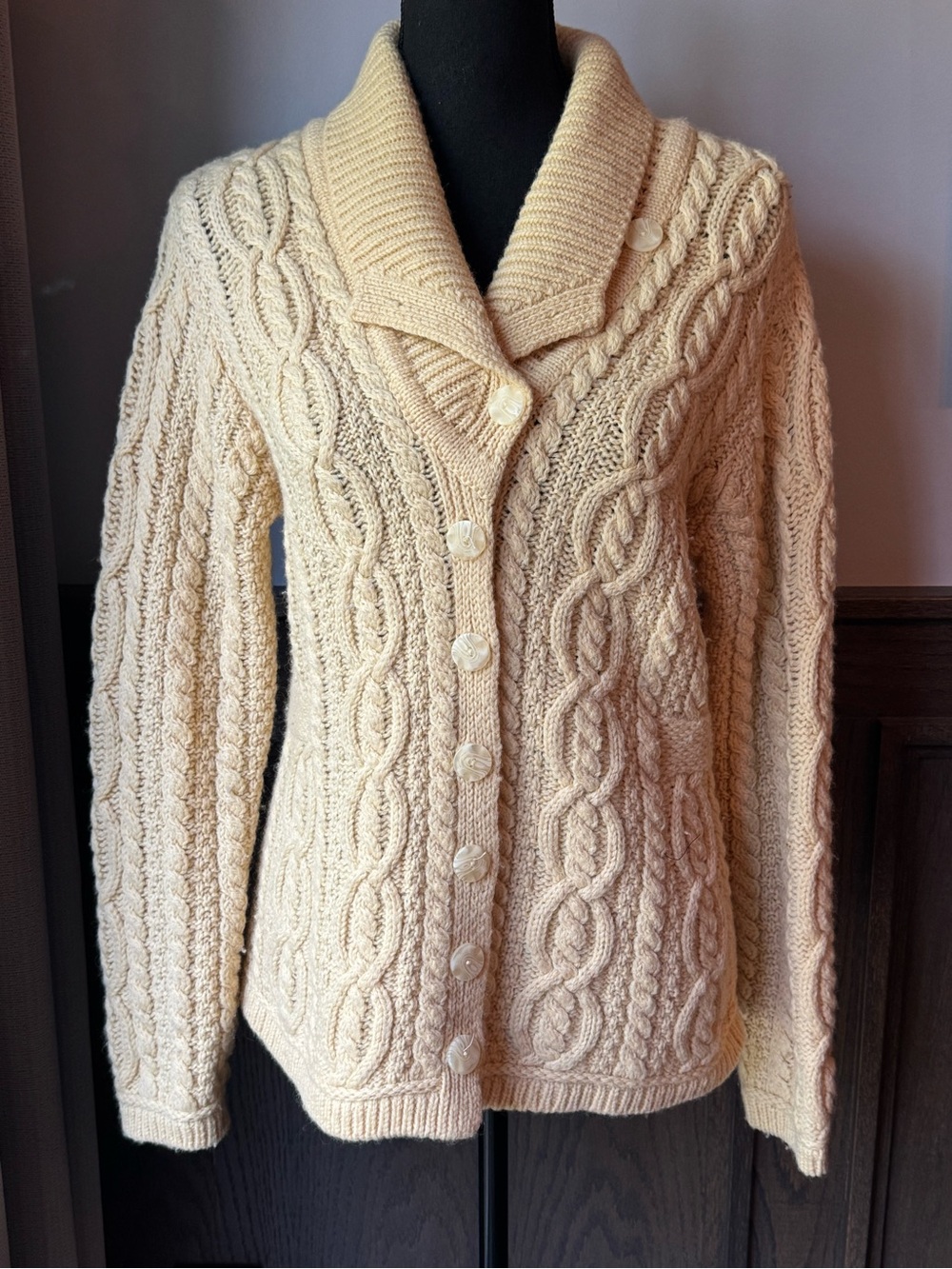Aran Crafts Cream Cable Knit Shawl Collar Cardigan medium
